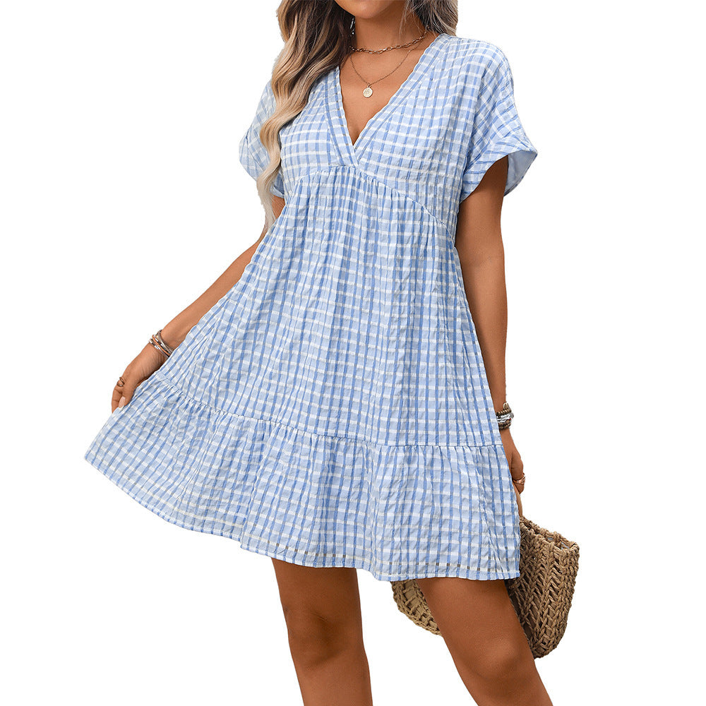 Gingham V Neck Short Sleeve Summer Dress with Ruffle Hem