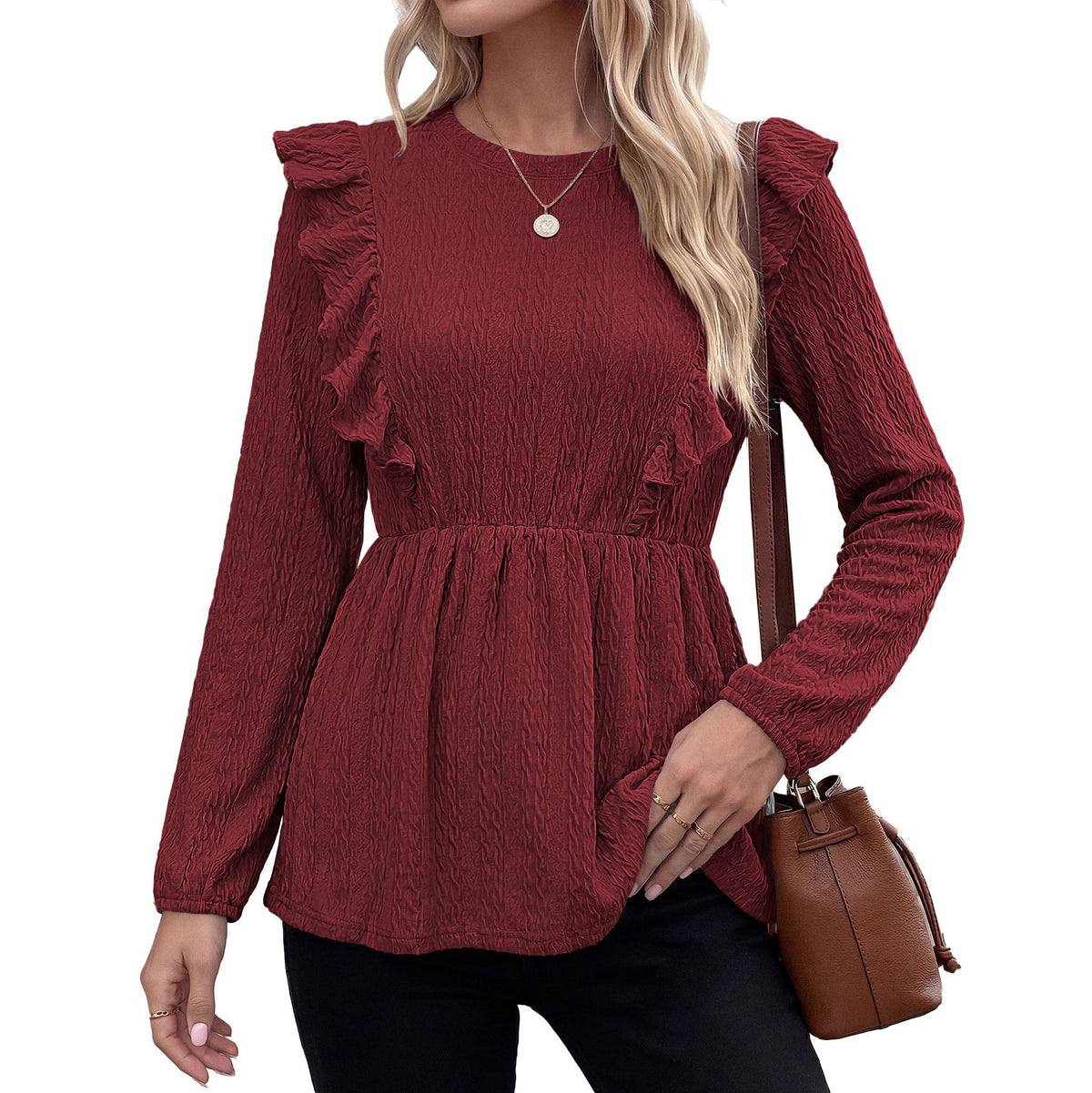 Women's Ruffle Peplum Long Sleeve Blouse Top