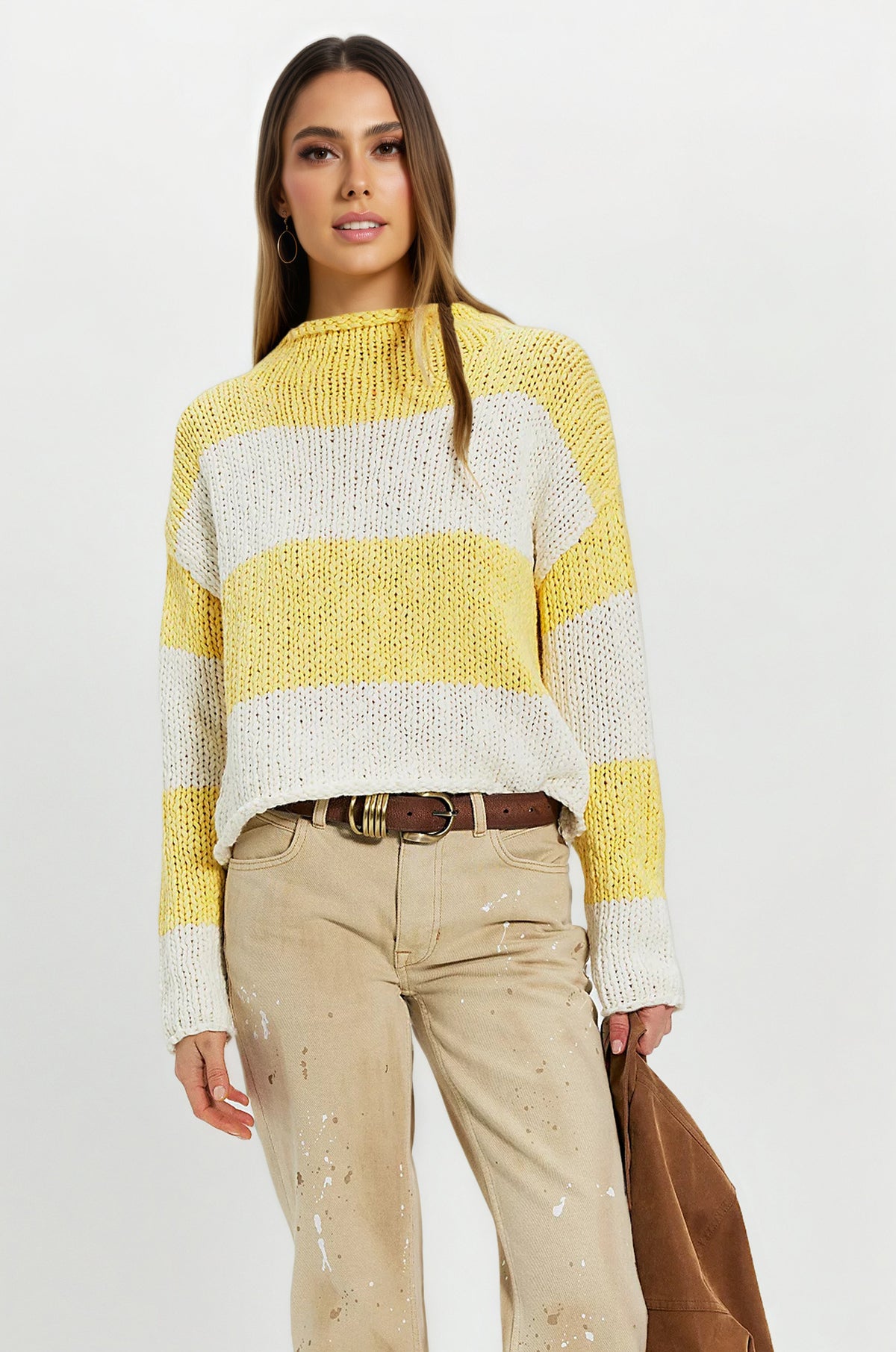 Color Block Striped Chunky Knit Mock Neck Sweater