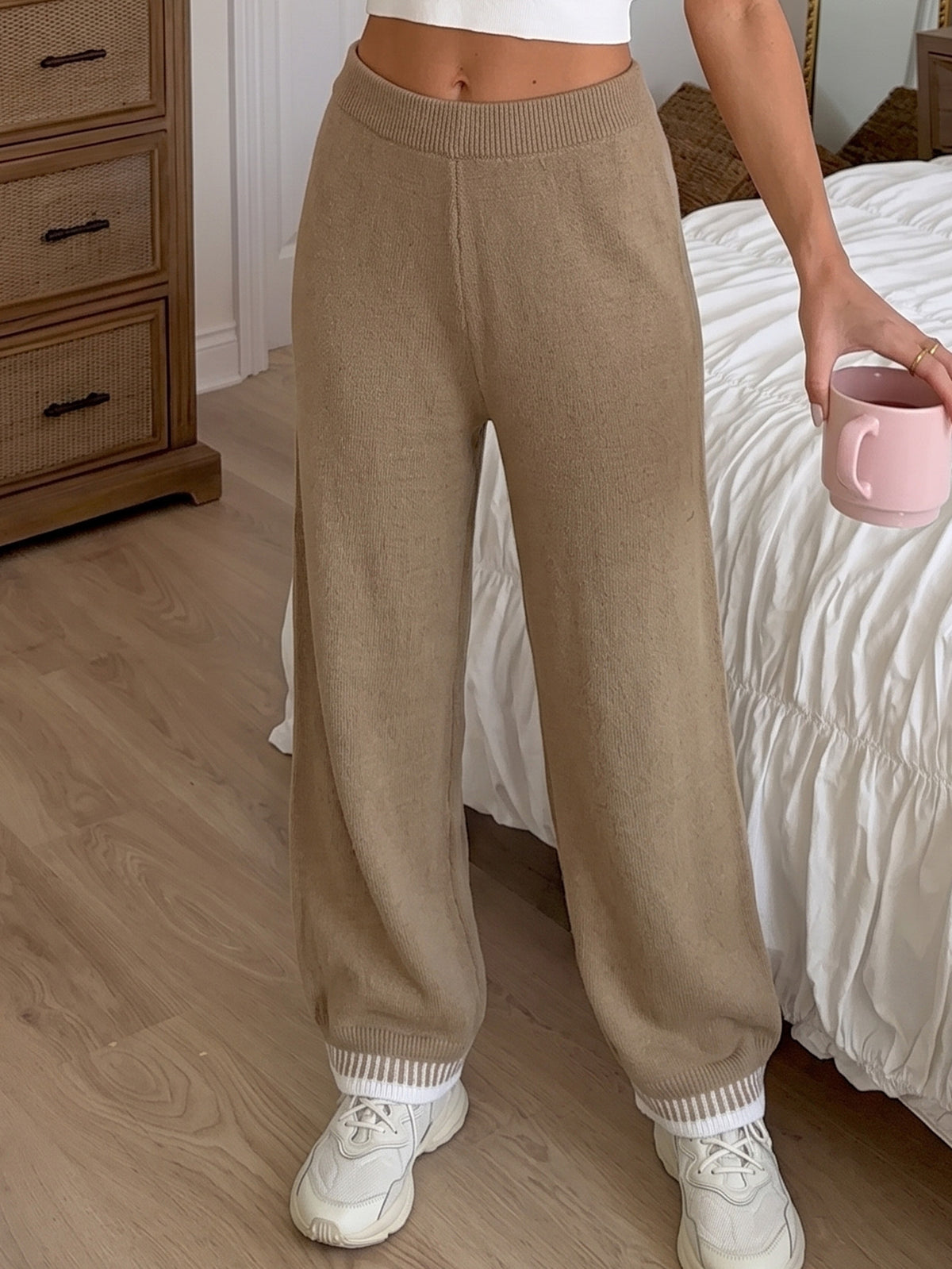 Women's Contrast Hem Knit Wide Leg Pants Loose Fit
