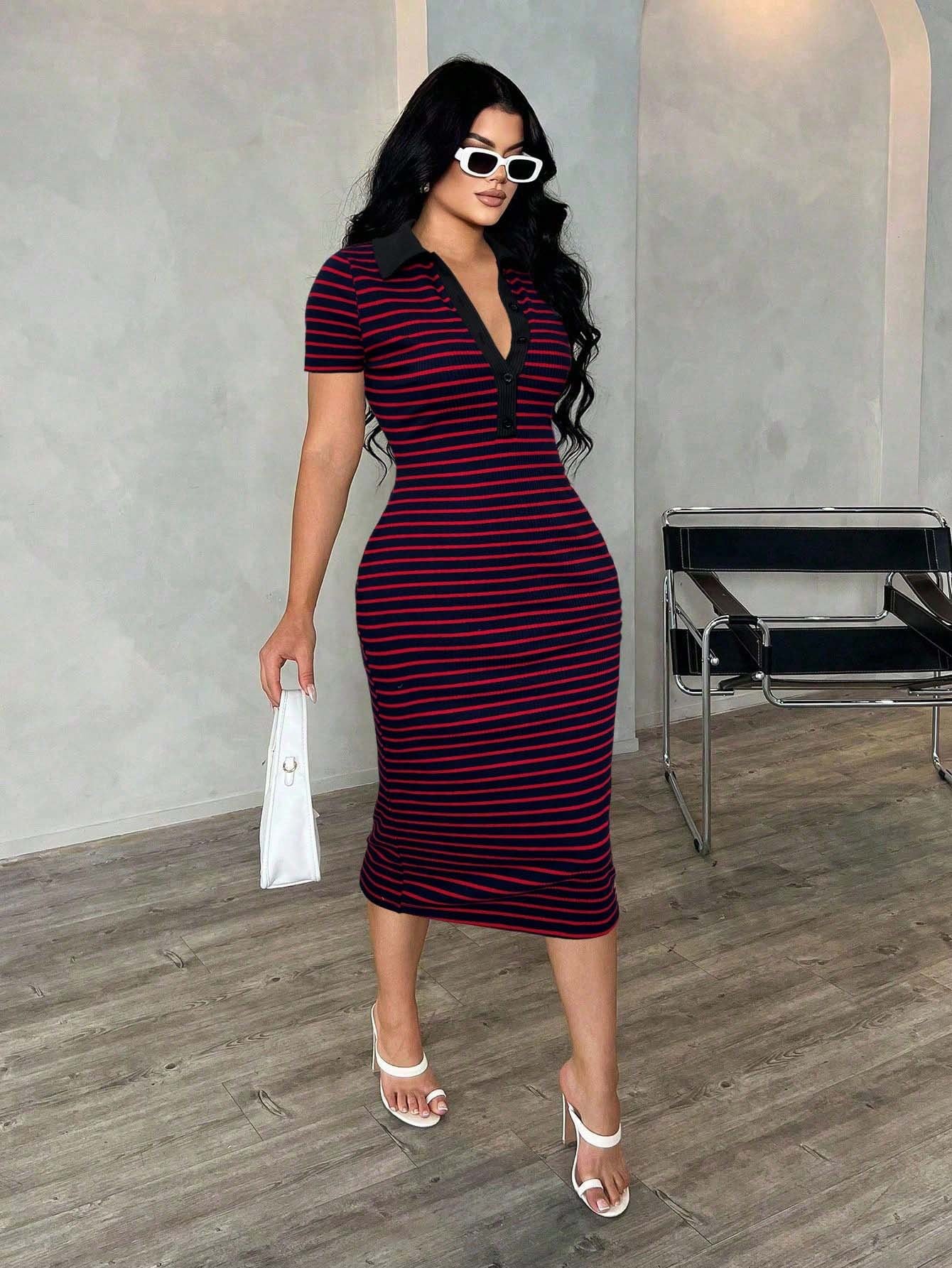 Striped Polo Collar Bodycon Midi Dress Short Sleeve Casual  Wear