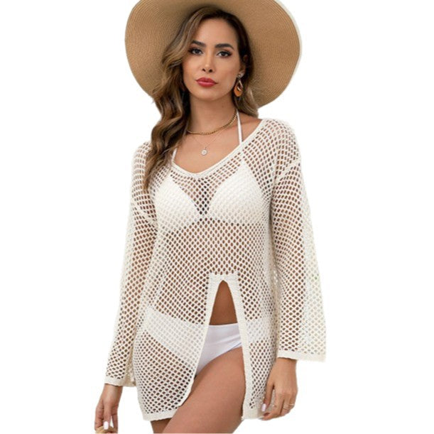 V Neck Mesh Long Sleeve Split Beach Cover Up Dress