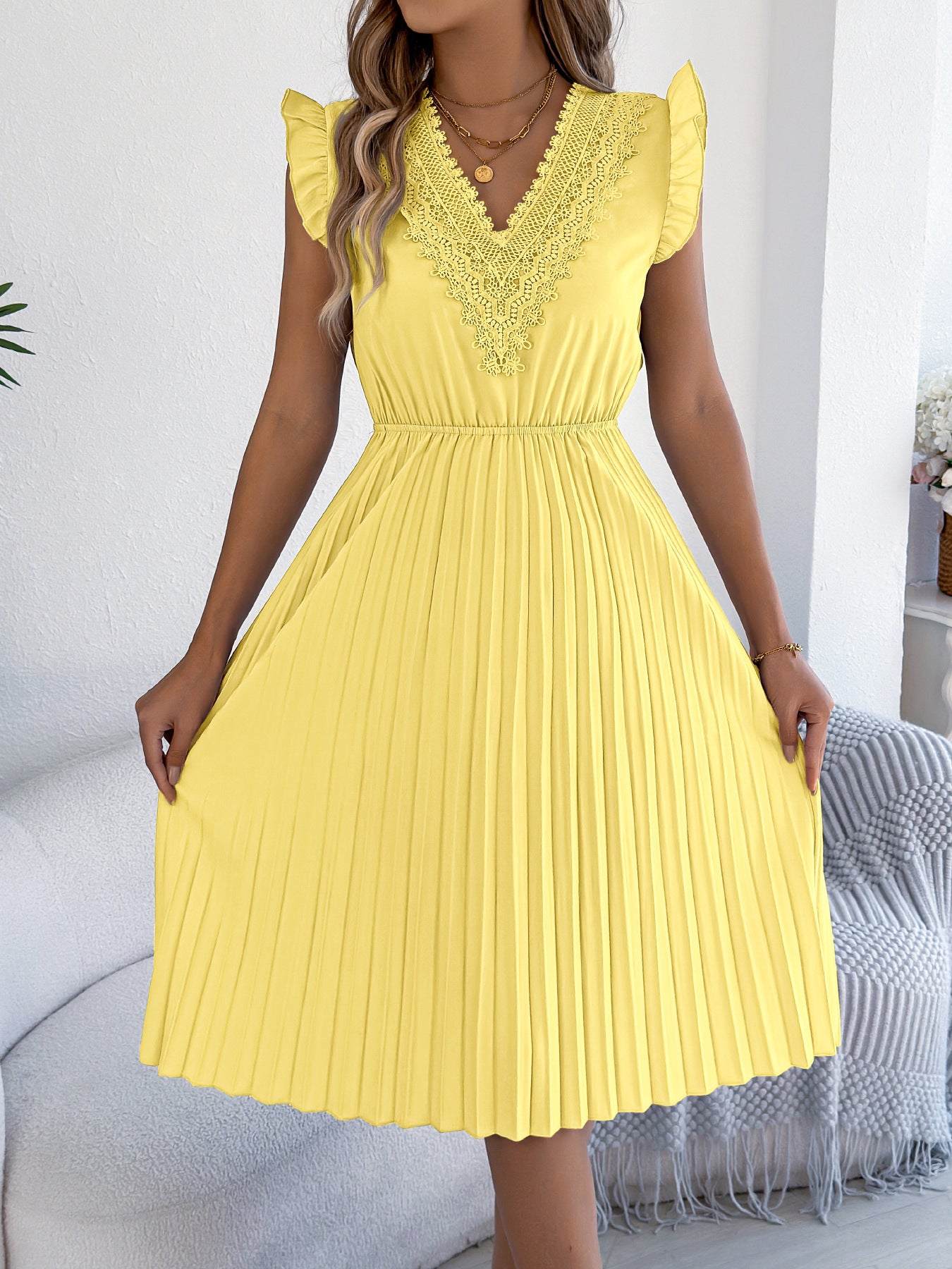 Pink Lace V Neck Pleated Midi Dress with Flutter Sleeves