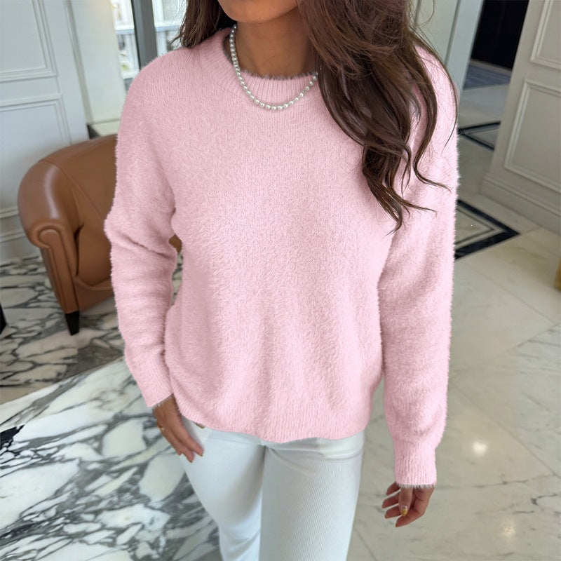 Solid Fuzzy Sweater Feminine Crewneck Relaxed Fit