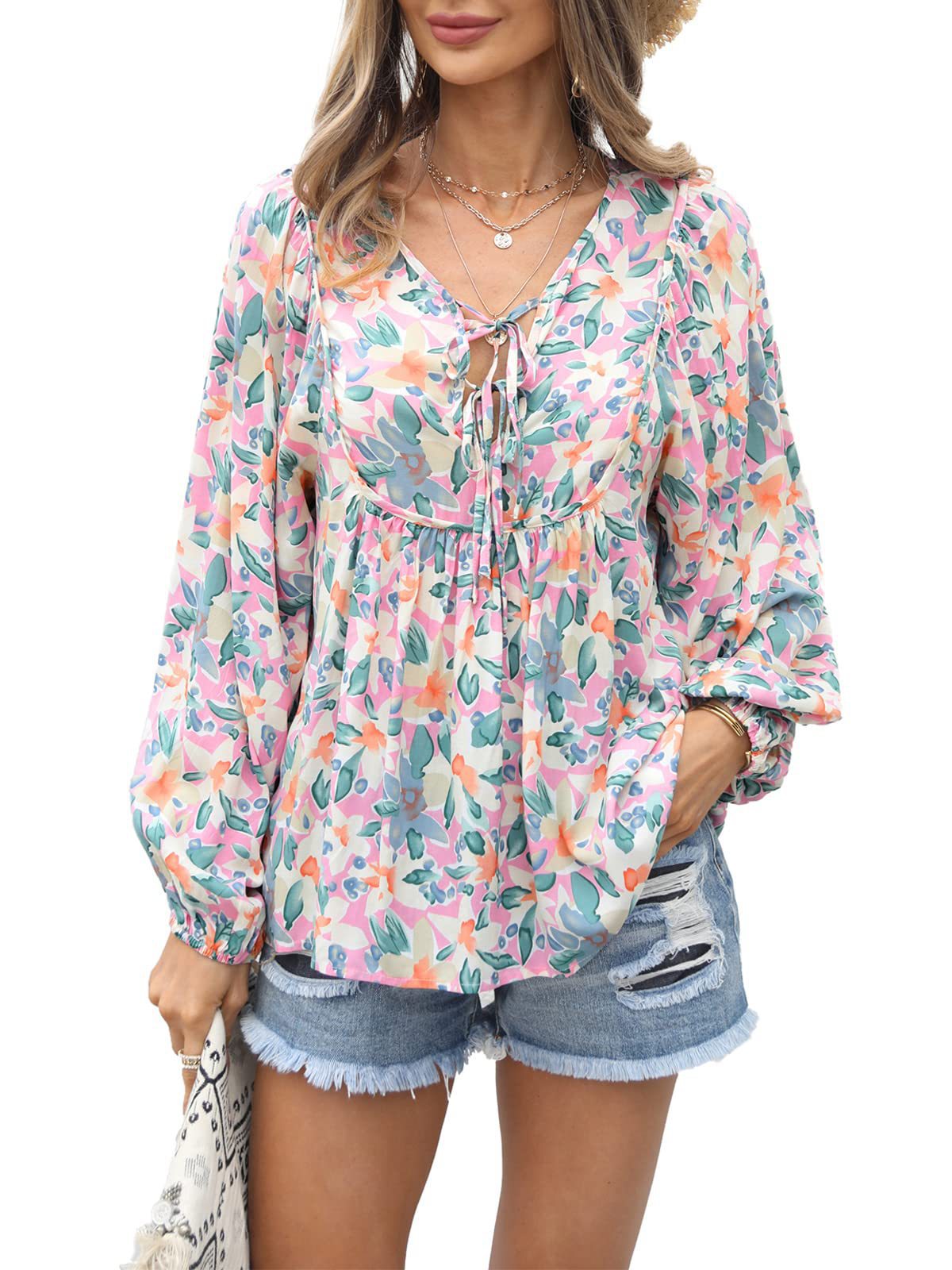 Floral Tie Neck Blouse Ruffle Long Sleeve Relaxed Fit
