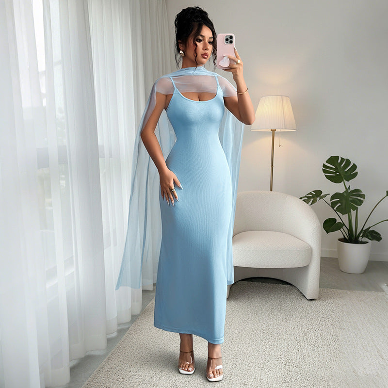 2026 Solid Color Bodycon Cami Maxi Dress with Sheer Cape