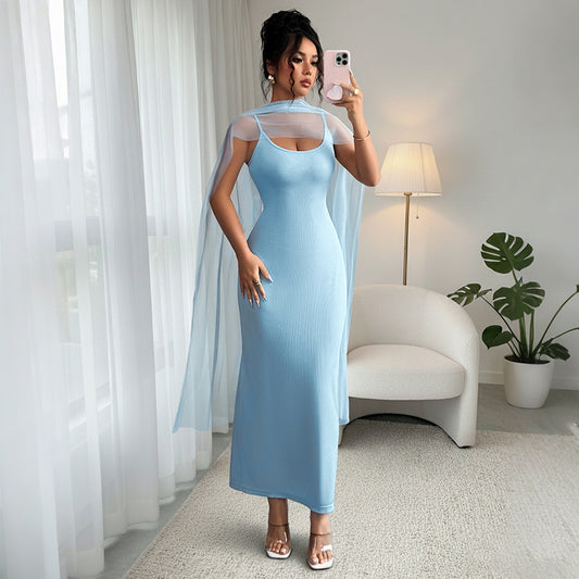2026 Solid Color Bodycon Cami Maxi Dress with Sheer Cape