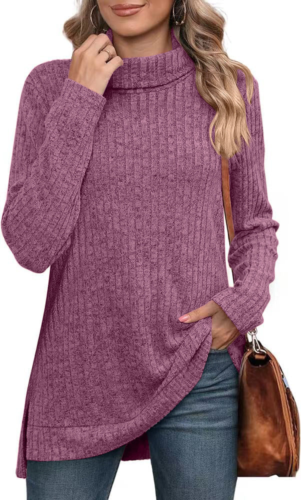 Women's Oversized Ribbed Turtleneck Long Sleeve Slit Tunic