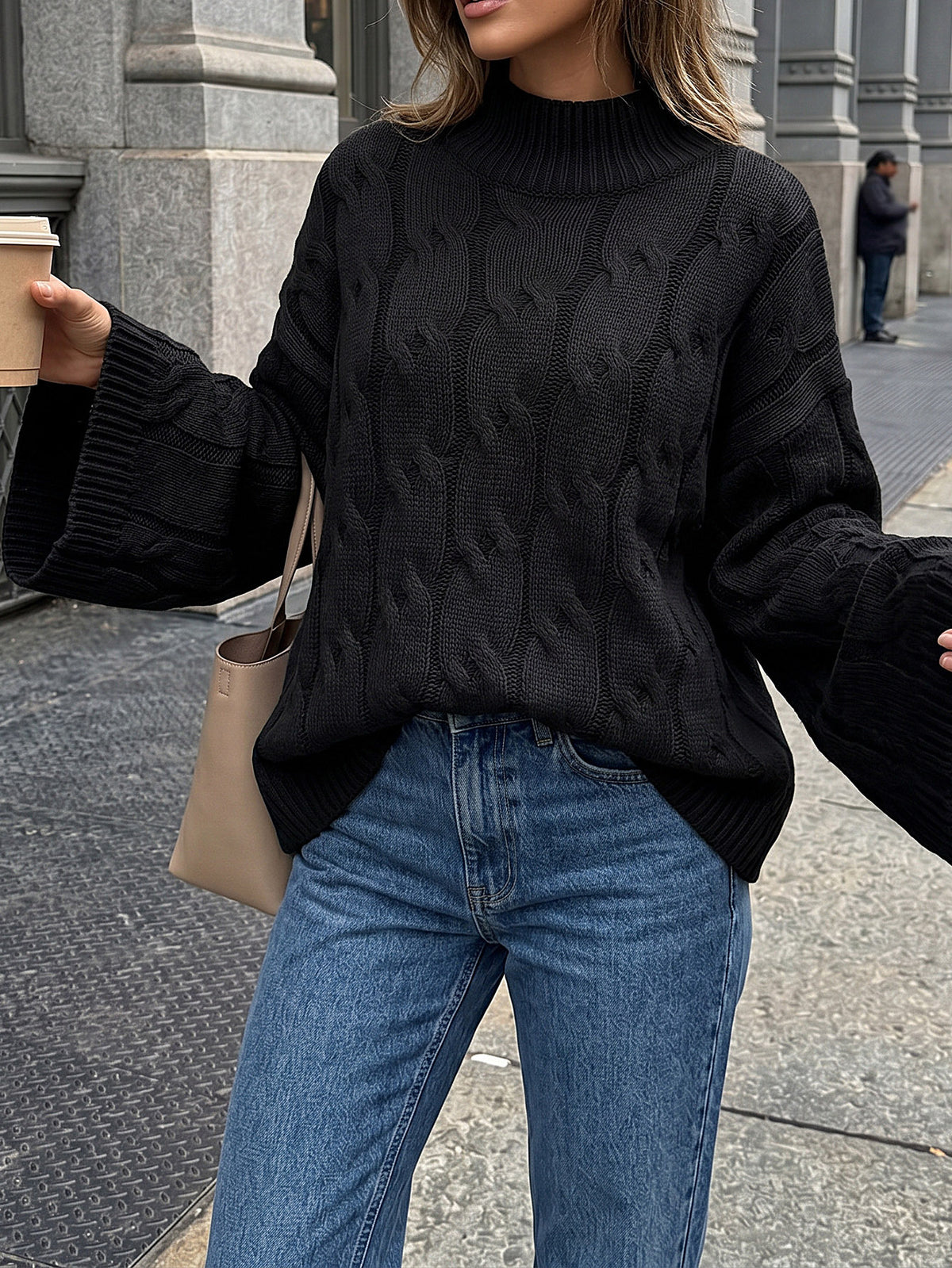Women's Oversized Cable Knit Mock Neck Sweater