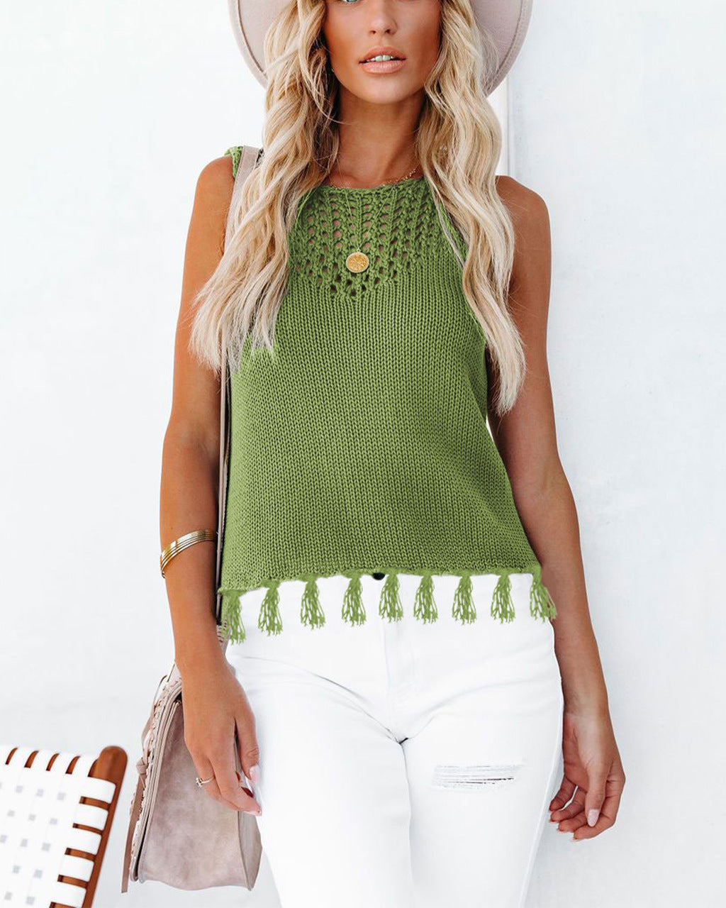 Sleeveless Hollow Knit Tassel Hem Tank Top for Summer