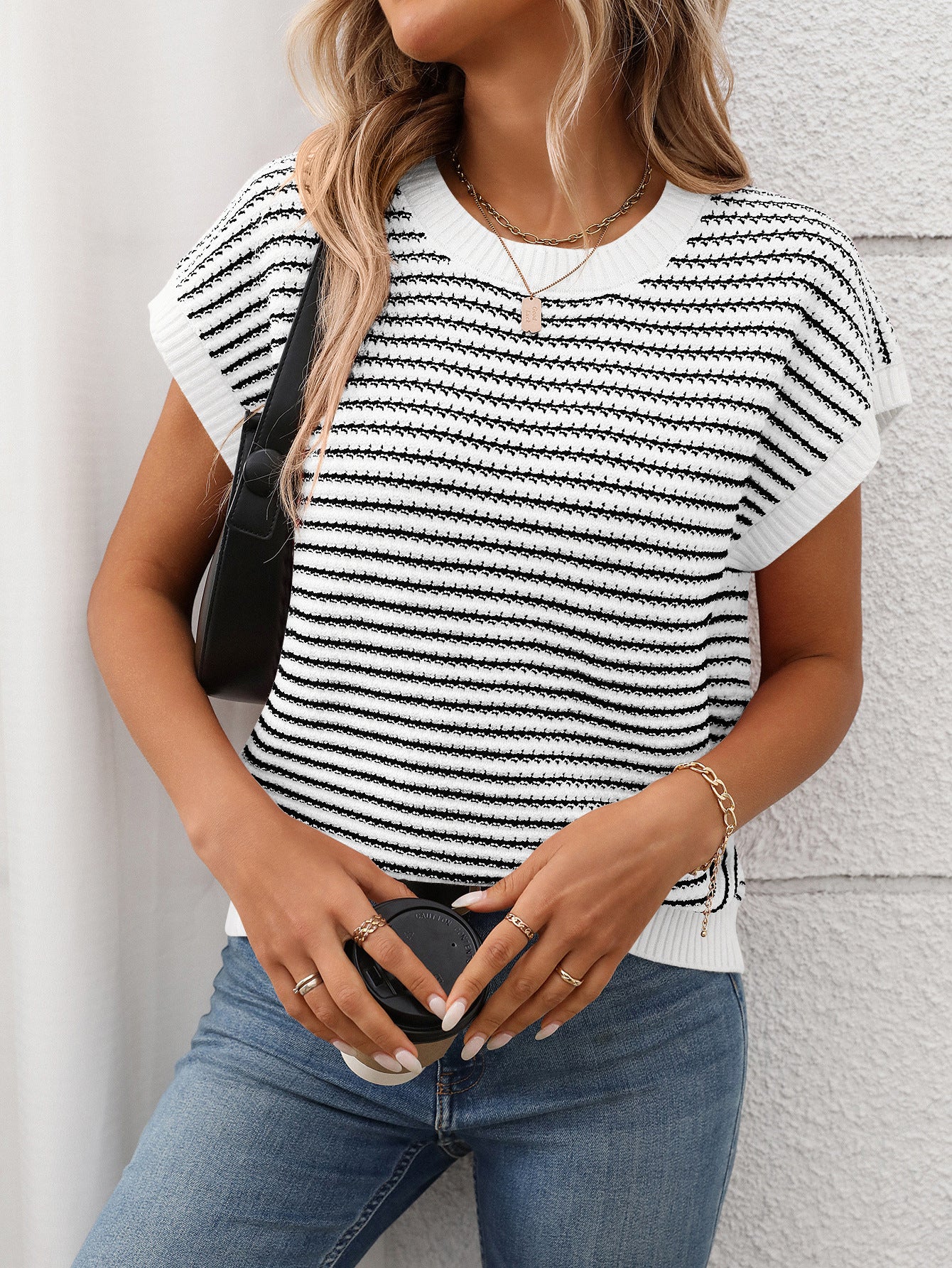 Red Stripe Lightweight Knit Short Sleeve Sweater Top