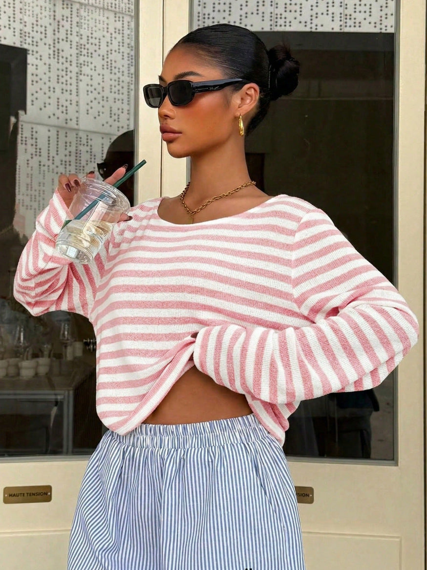 Striped Off Shoulder Long Sleeve Knit Top