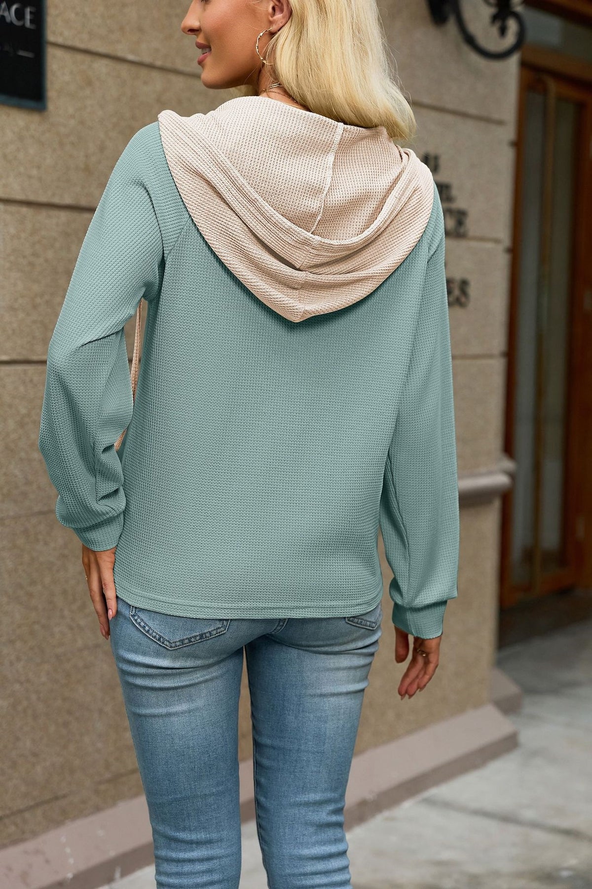 Womens Waffle Knit Henley Hoodie Color Block Long Sleeve
