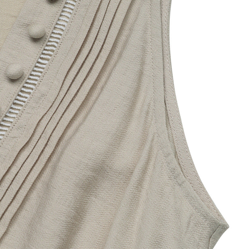 Solid Color Summer V Neck Sleeveless Midi Dress with Drawstring Waist