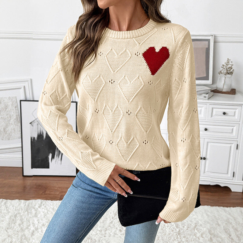 Heart Knit Sweater Hollow Out Long Sleeve Casual Pullover