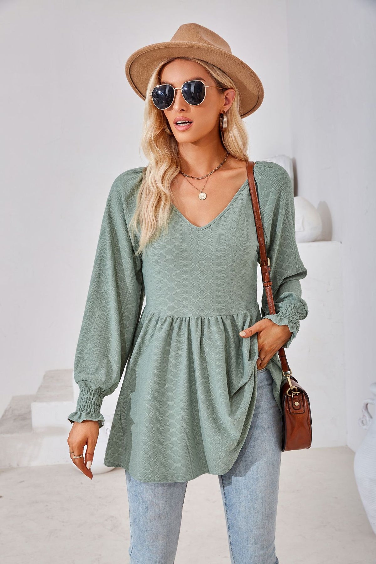 Women's V Neck Long Sleeve Textured Babydoll Tunic Top