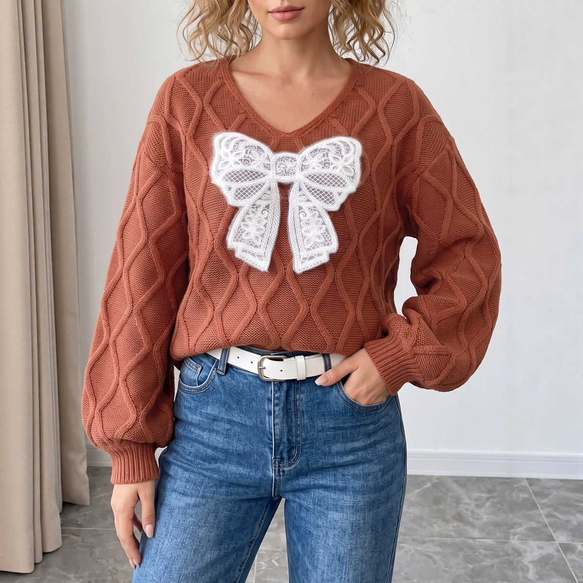 Women's Lace Bow Cable Knit V-Neck Balloon Sleeve Sweater