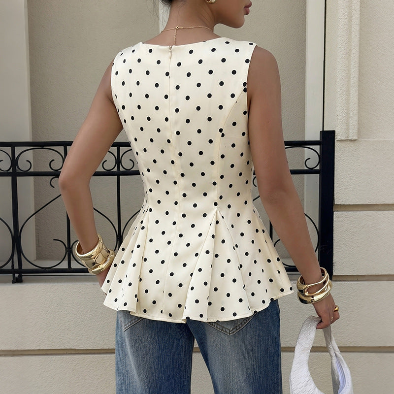 Polka Dot Woven Top Vintage Peplum Sleeveless