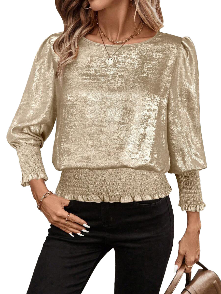 Metallic Shimmer Puff Sleeve Smocked Hem Blouse Top