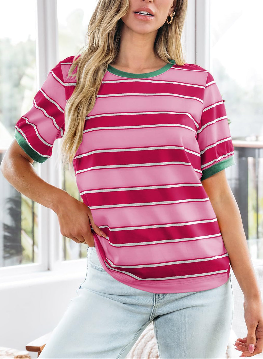 Striped Color Block Short Sleeve Casual Summer Tee