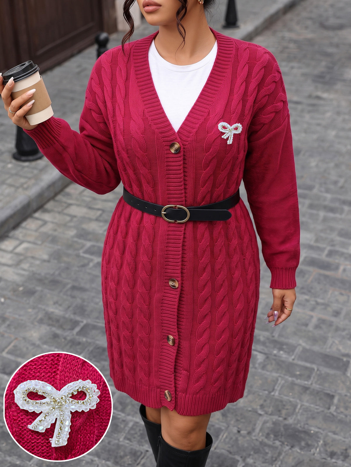 Plus Size Cable Knit Long Cardigan Rhinestone Bow Brooch