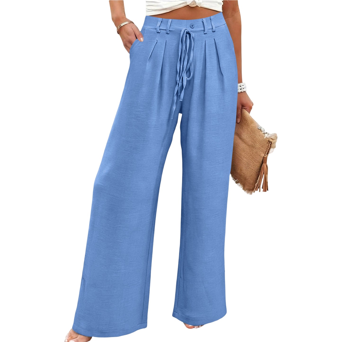 Solid Linen Wide Leg Pants Casual Drawstring Relaxed Fit
