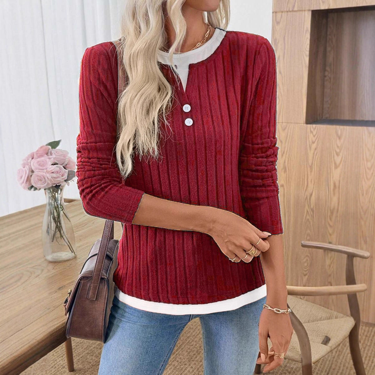 Solid Brushed Knit Top Casual Ribbed Henley Tee