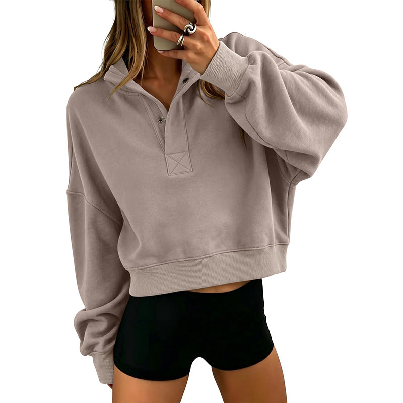 Cropped Henley Sweatshirt Collared Relaxed Fit