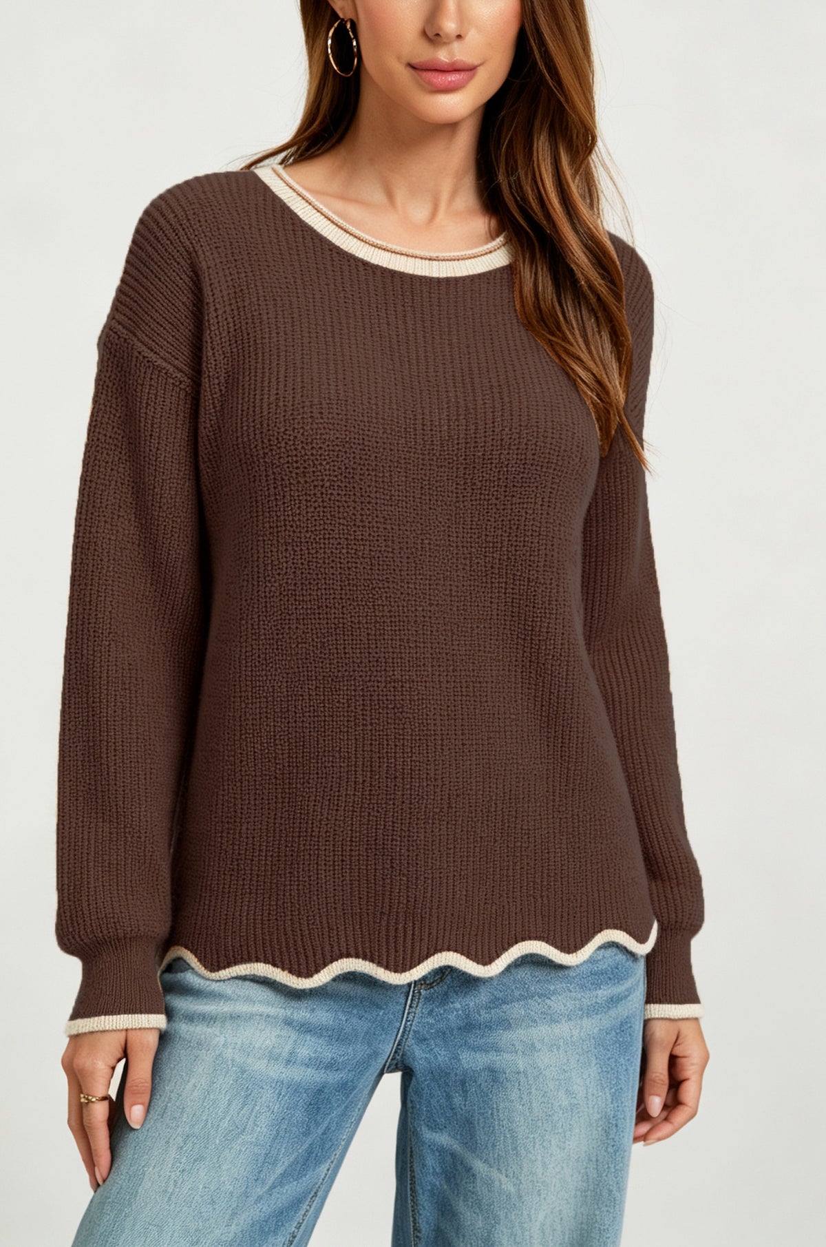 Women's Scalloped Hem Contrast Trim Pullover Sweater