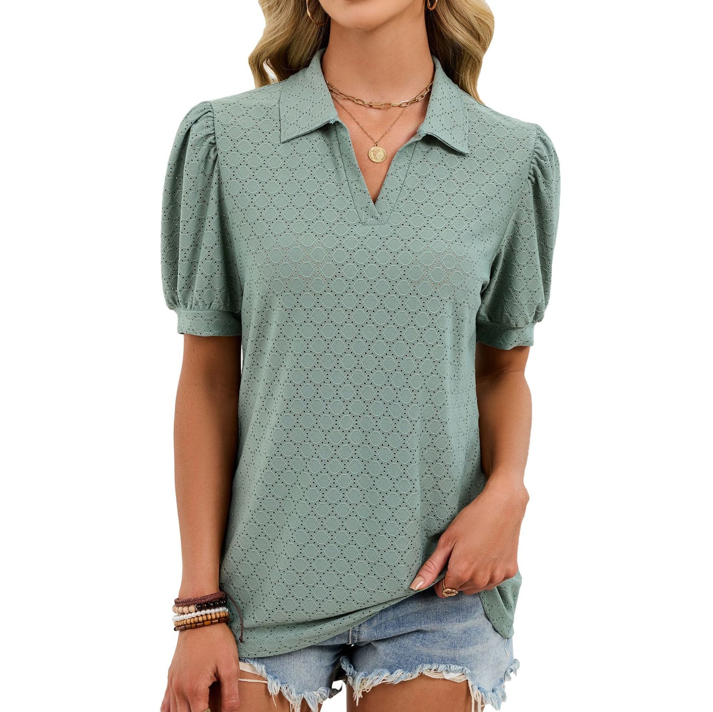 Eyelet Puff Sleeve V Neck Polo Blouse Casual Chic