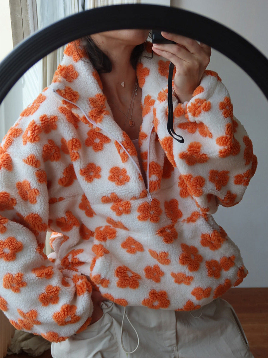 Floral Sherpa Pullover Half Zip Sweatshirt