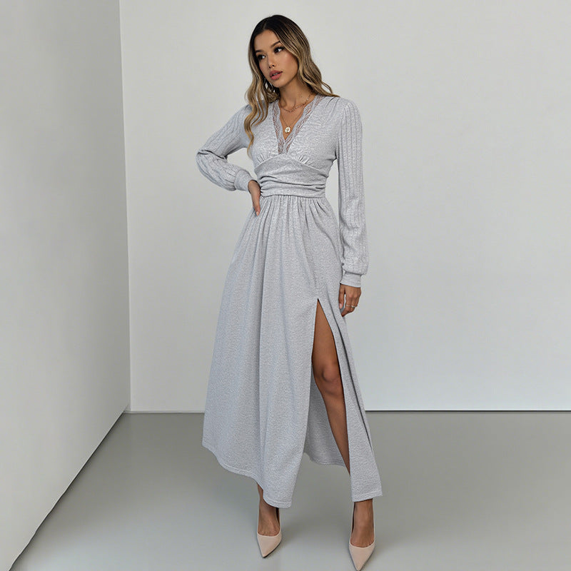 Fall V-Neck Long Sleeve Dress - High Quality Split Hem