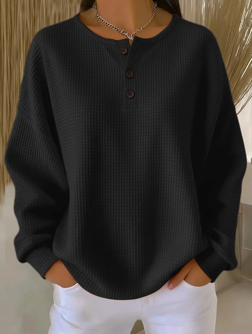 Waffle Knit Henley Top, Oversized Long Sleeve Pullover