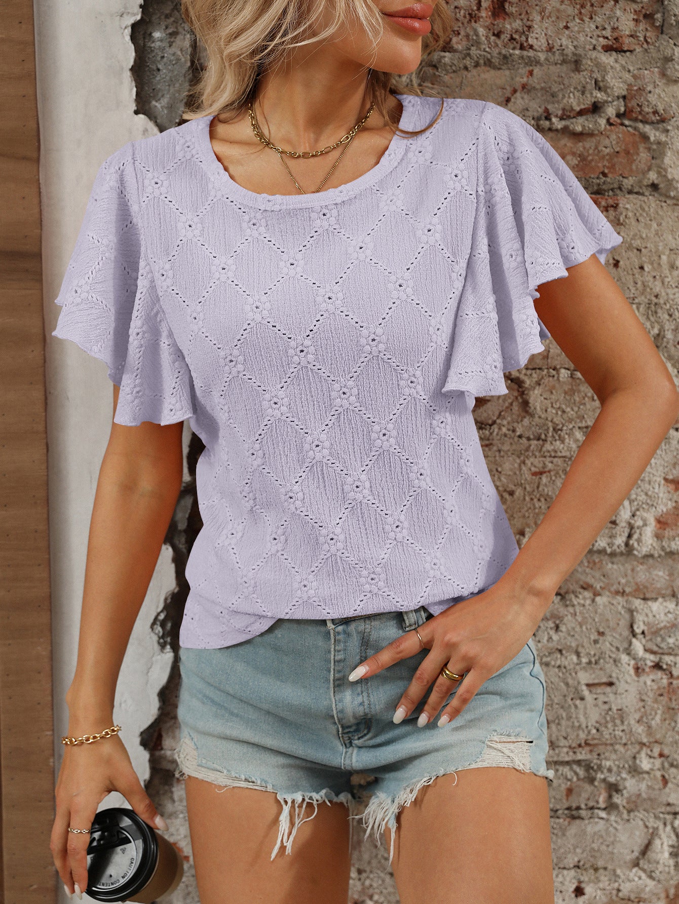 Eyelet Ruffle Sleeve Floral Knit Casual Summer T Shirt
