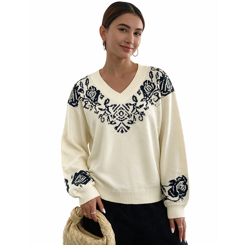 Women's Oversized V-Neck Rose Sweater Vintage Knit Pullover