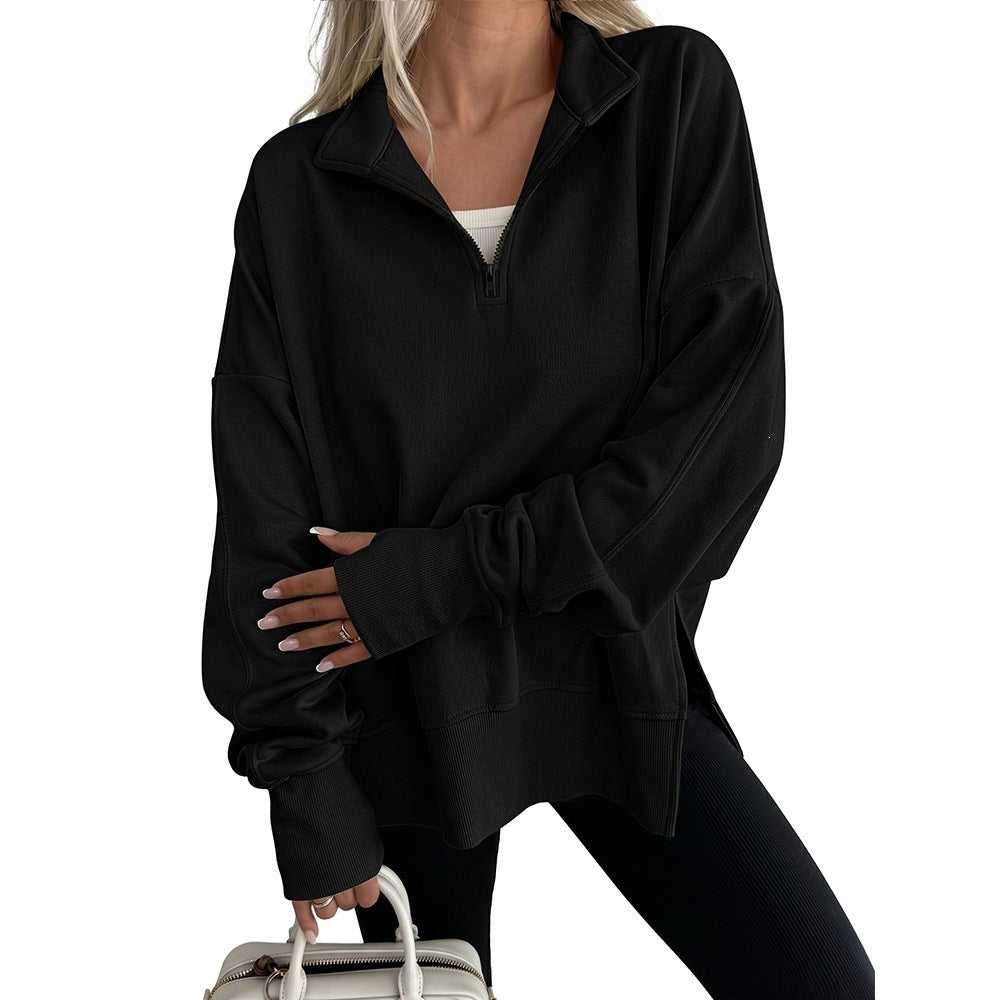 Half Zip Oversized Pullover Sweatshirt Side Slit Casual Top