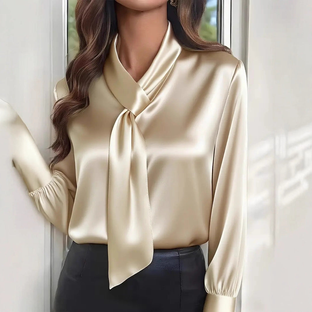 Solid Satin Blouse Tie Neck Long Sleeve Elegant Fit
