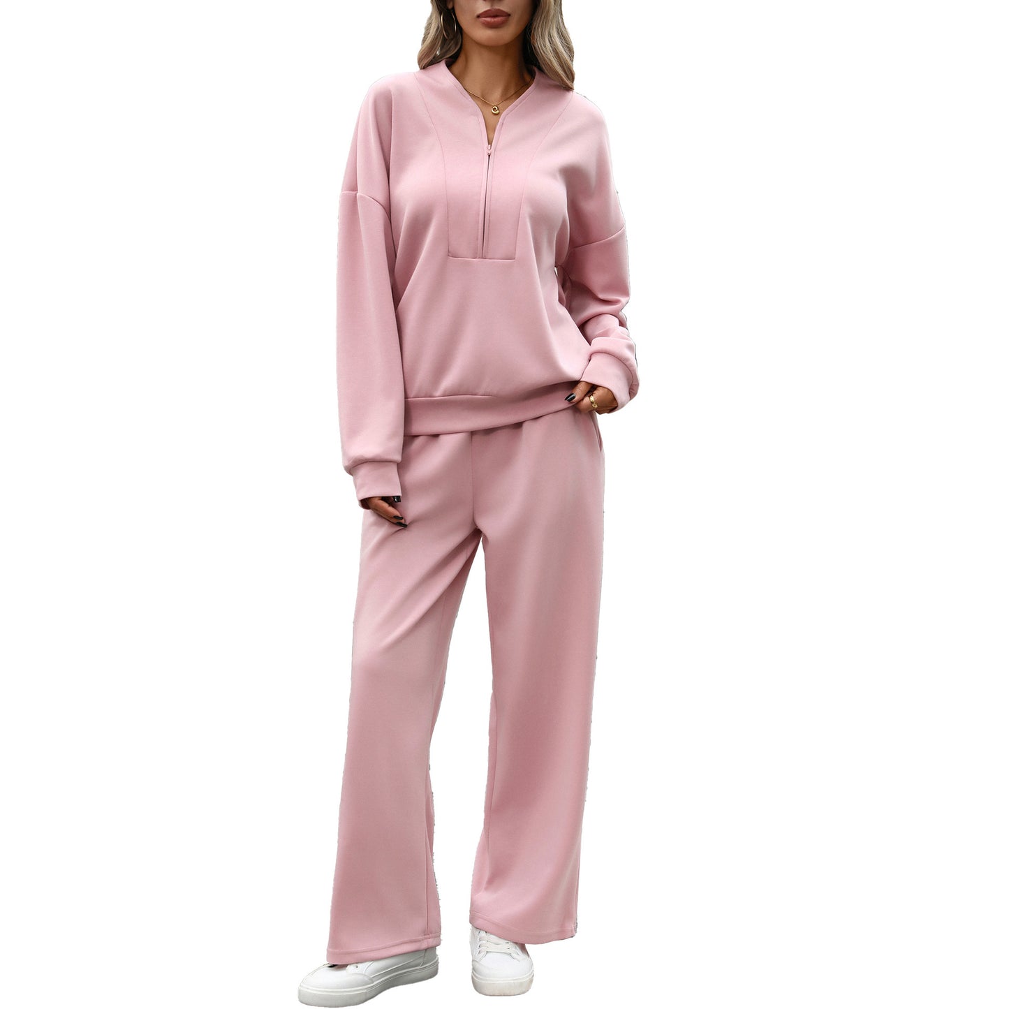 Women's Quarter Zip Sweatshirt Wide Leg Pants Lounge Set