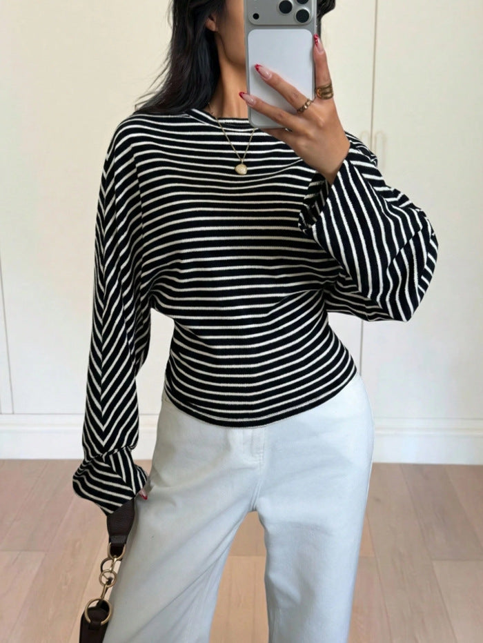 Women's Striped Batwing Waffle Knit Long Sleeve Top
