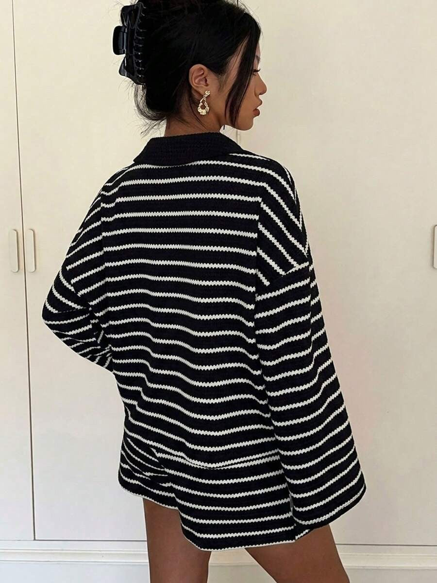 Striped Polo Lounge Set Resort Textured Collared Oversized