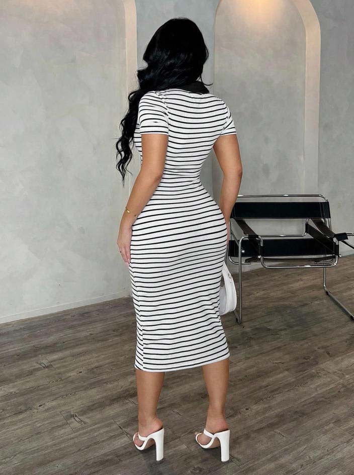 Striped Polo Collar Bodycon Midi Dress Short Sleeve Casual  Wear