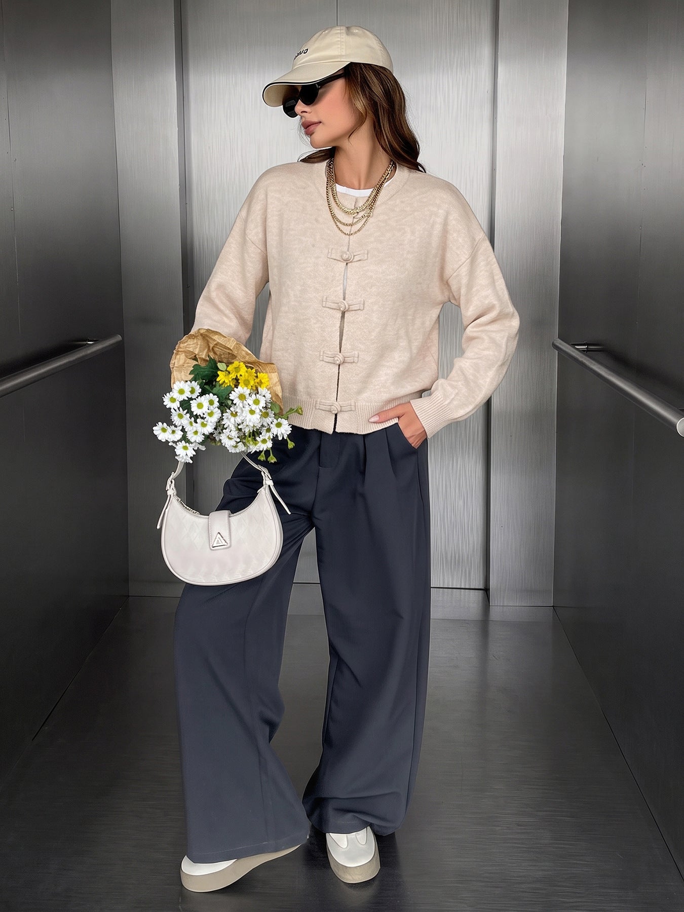 Frog Button Crew Neck Knit Cardigan Sweater