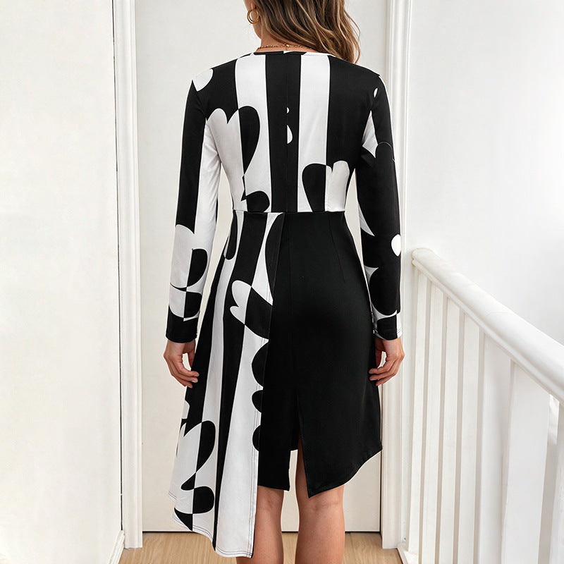 Abstract Print Long Sleeve Mini Dress Crew Neck Fit