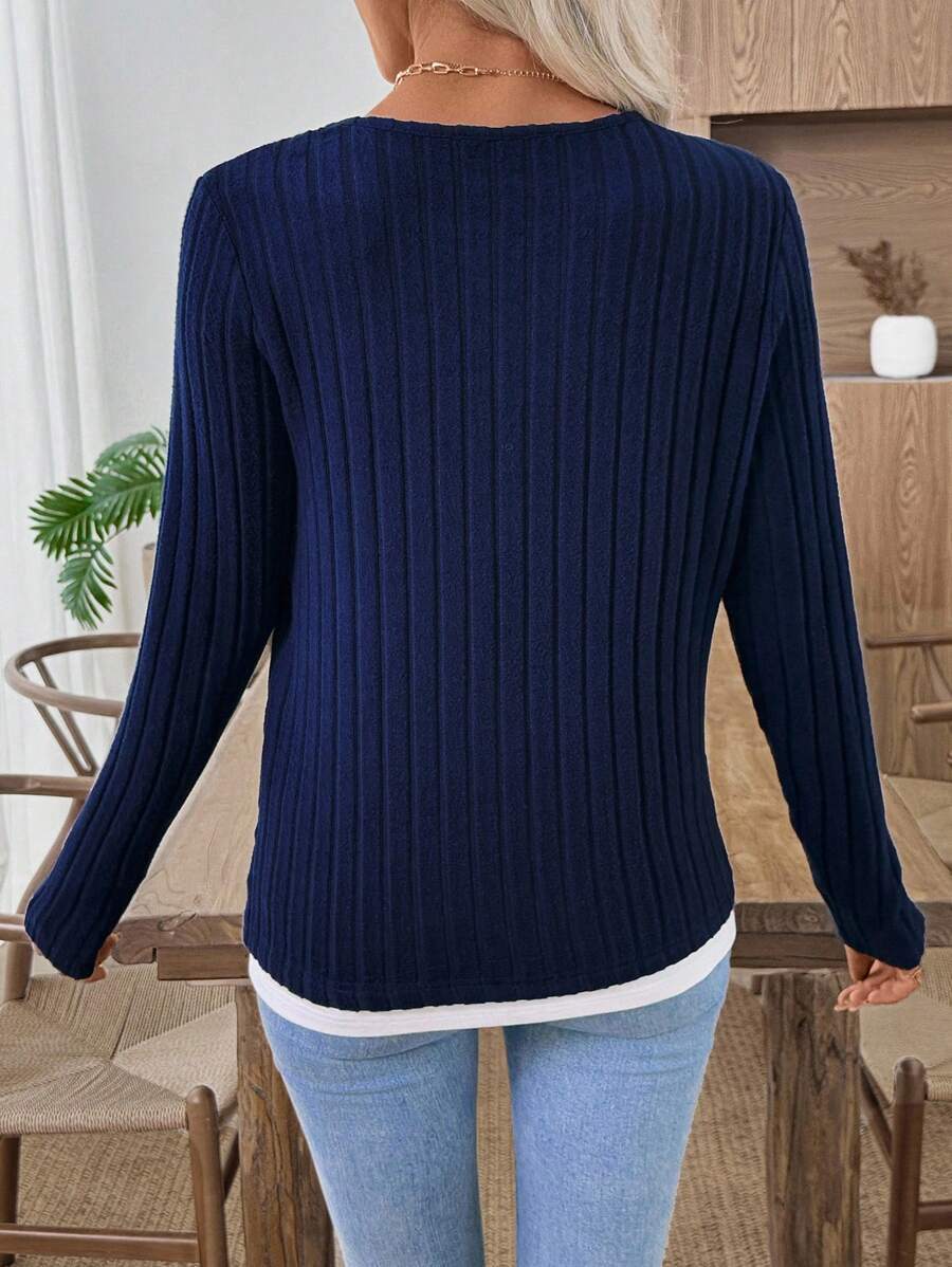 Solid Brushed Knit Top Casual Ribbed Henley Tee