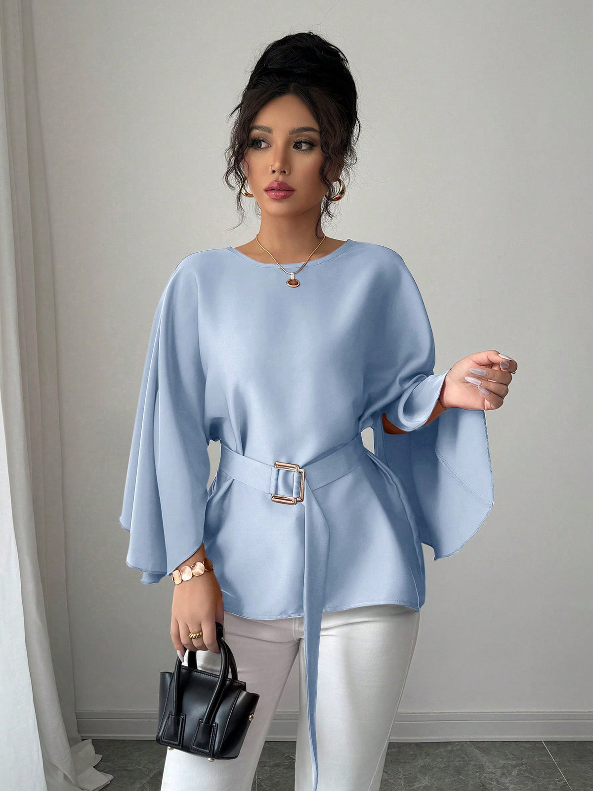 Women's French Vintage Bell Sleeve Belted Round Neck Blouse