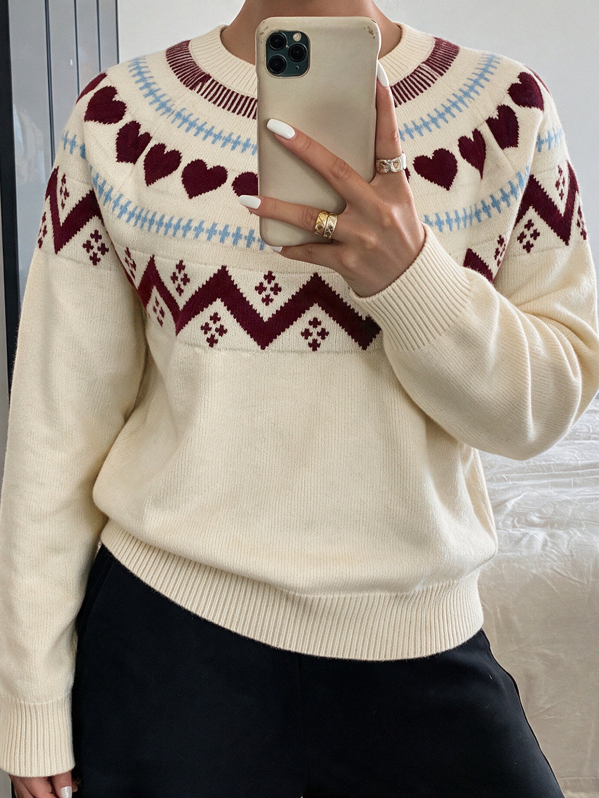 Women's Fair Isle Heart Crew Neck Knit Sweater