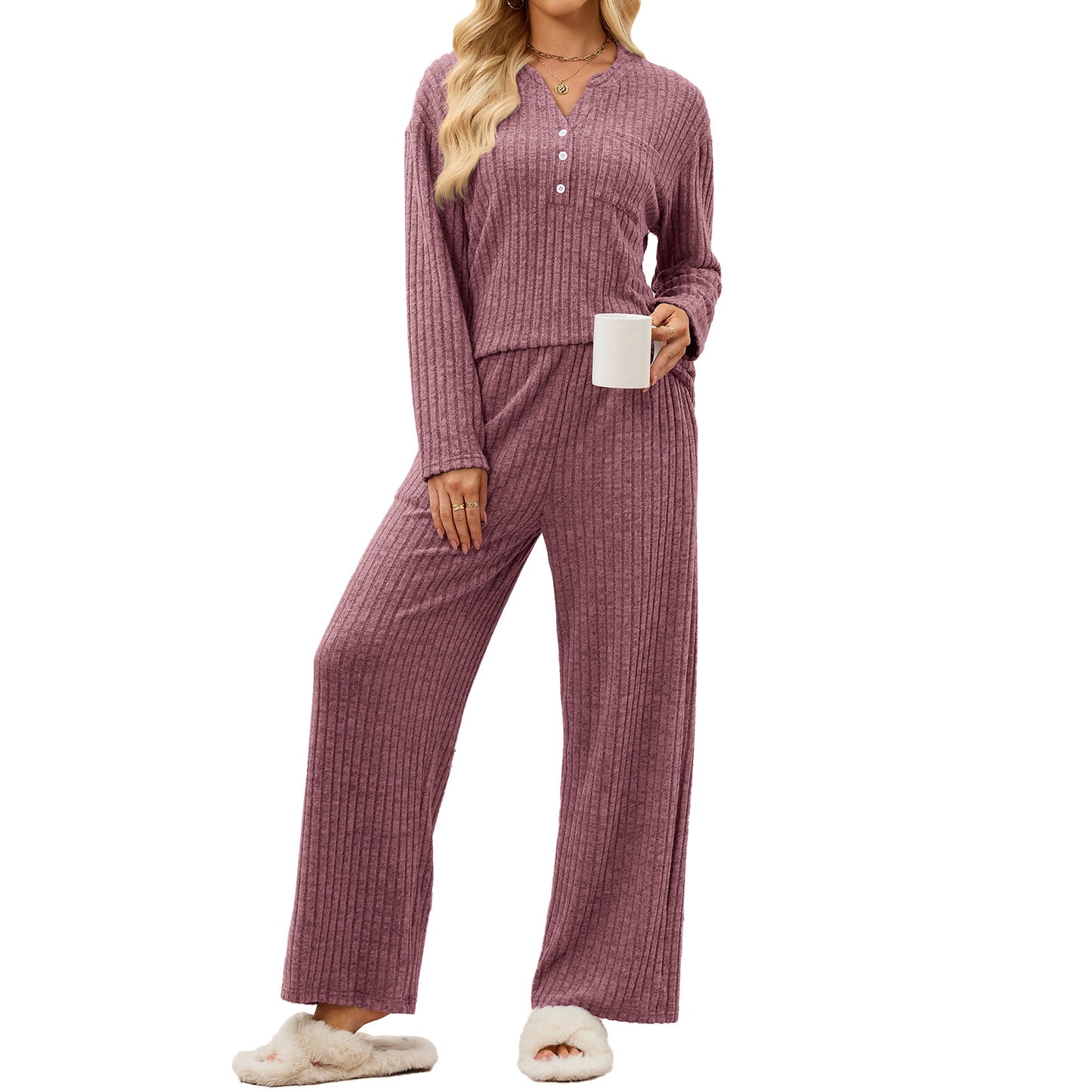 Women's Ribbed Lounge Set Button Front Wide Leg Pants