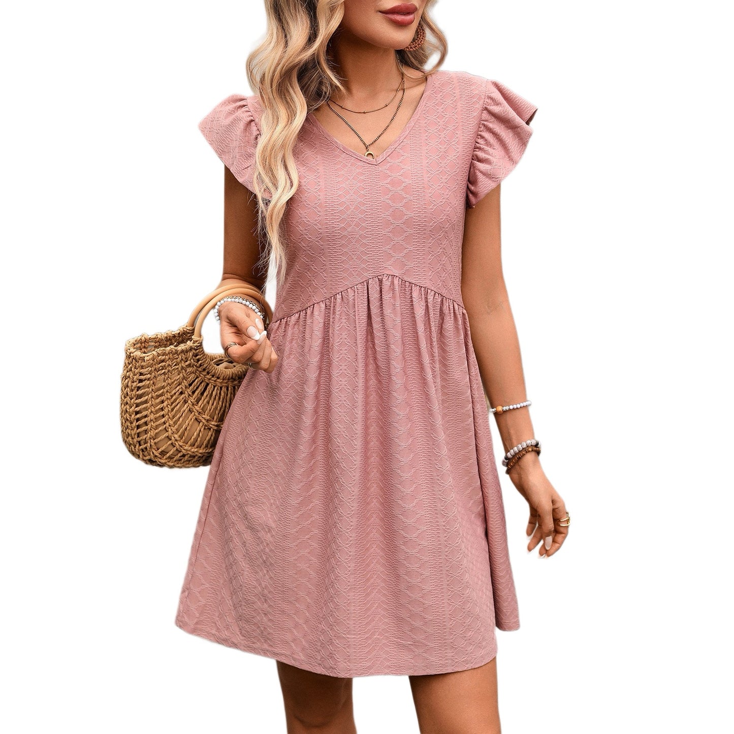 Textured V Neck Flutter Sleeve Pocket Mini Dress