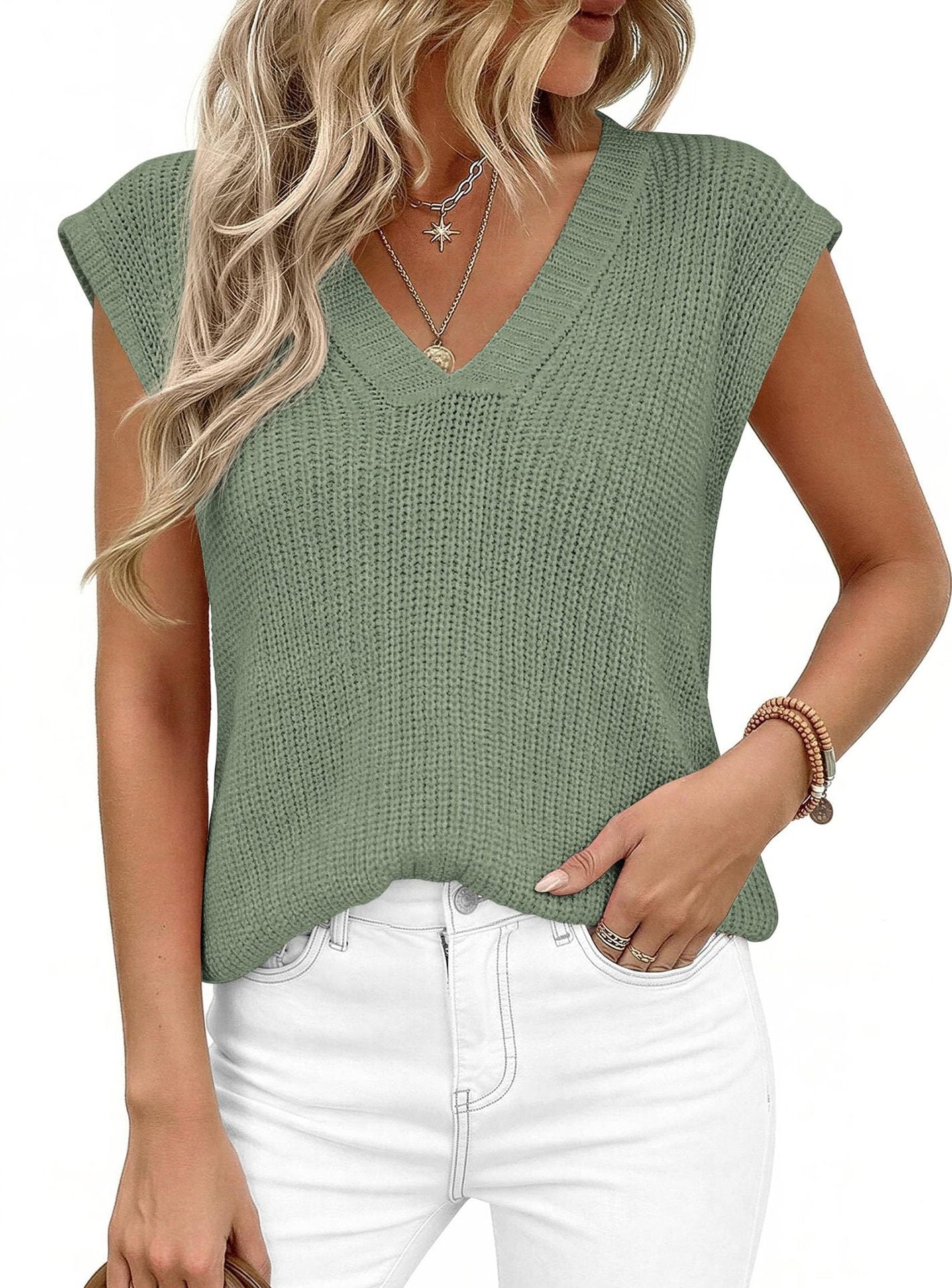 Women’s V Neck Sleeveless Knit Sweater Vest Loose Casual Summer Pullover Top