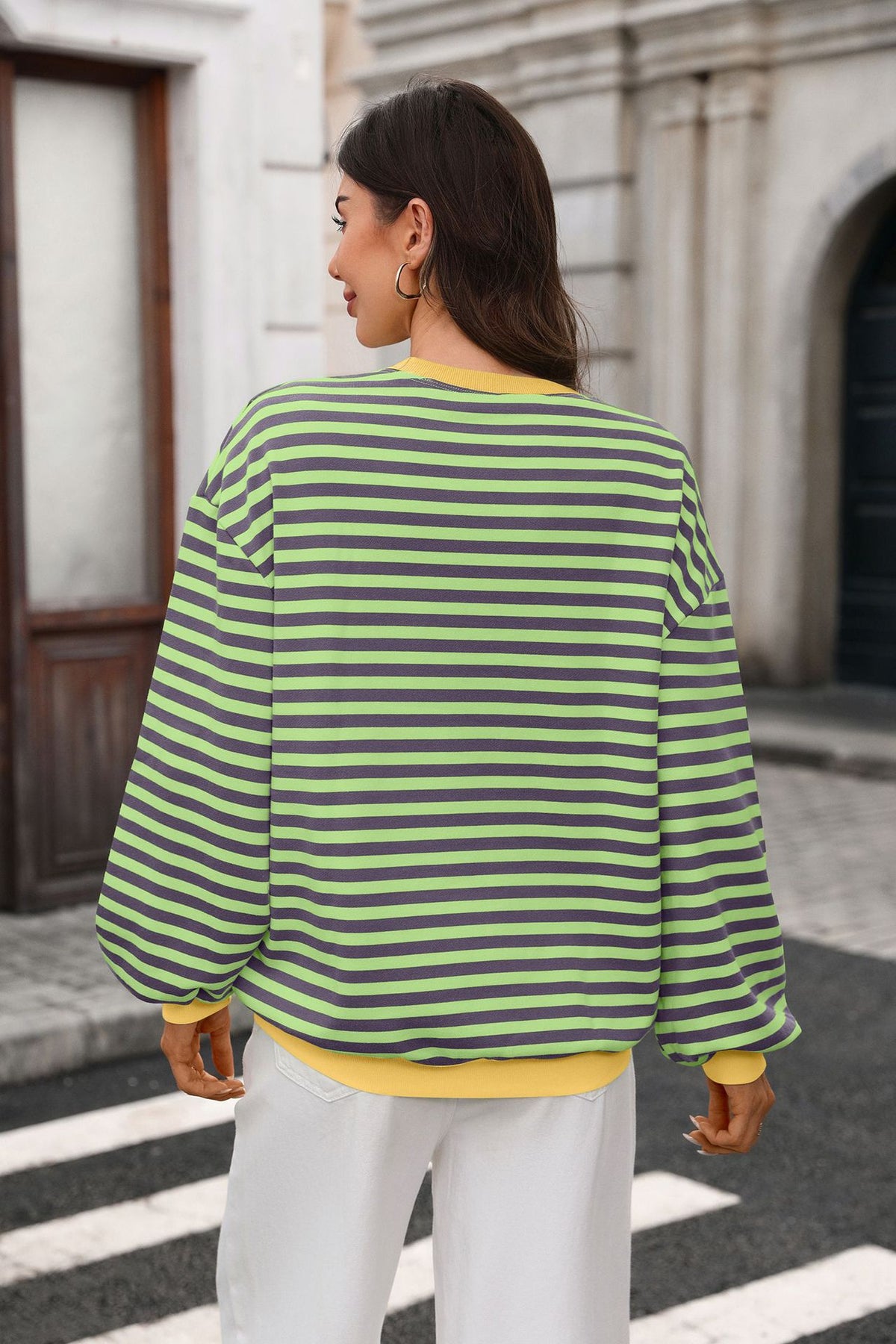 Women Striped Color Block Crewneck Oversized Sweatshirt